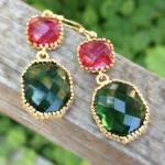 Emerald Green And Pink Framed Glass Earrings,..