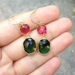 Emerald Green And Pink Framed Glass Earrings,..