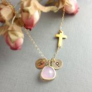 Christmas gift, Personalized Sideways Cross Necklace, Initial, October birthstone Pink Opal Color Pendant, Initial, Gift For Her, Unique