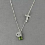 Personalized Sideways Cross Necklace, August Birthstone  Peridot, Monogram Necklace, Handstamped Initial, Christmas Gift,  Mother Gift