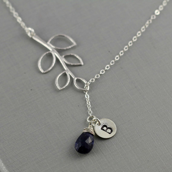 September Birthday Gift, Birthstone Lariat Necklace, Sapphire, Sterling Silver, Leaf, Initial, Monogram Necklace, Personalized Gift For Her