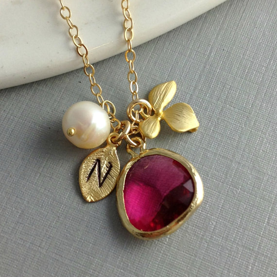 Leaf Initial Necklace, Fuchsia Glass Pendant, Monogram Necklace, Personalized Necklace, Pearl, Orchid Flower, Pink, Bridesmaid Gift, Unique
