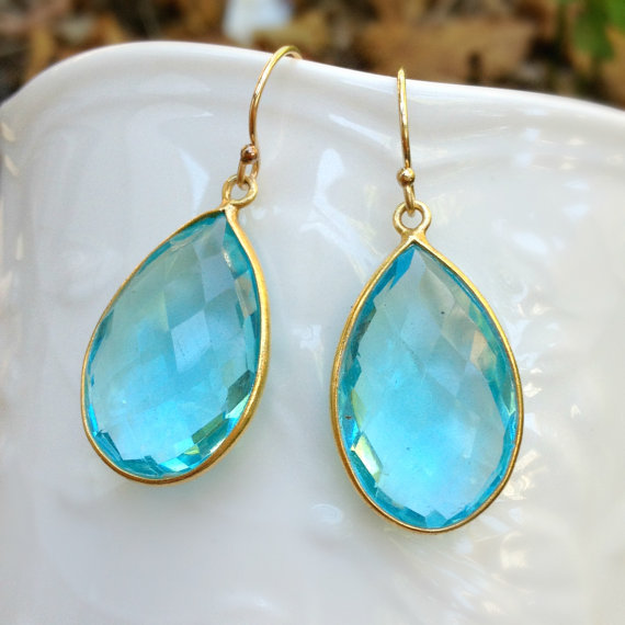Blue Quartz Earrings Bezel Gemstone Gold Vermeil Frame Blue Quartz Earrings Bezel Gemstone Gold Vermeil Frame Christmas Gift Birthday Bridesmaid Wedding Dangle