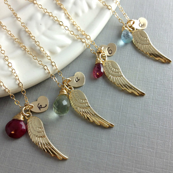 Set Of 4 Bridesmaid Gift, Birthstone Initial Necklace, Angel Wing Necklace, Wedding Jewelry, Unique Bridesmaid Gift, Christmas Gift Set