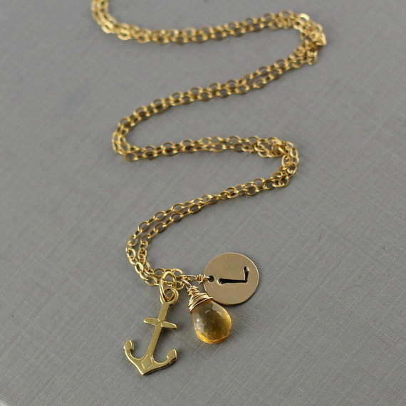 Personalized Anchor Necklace, Initial, Birthstone, Gold Anchor Necklace