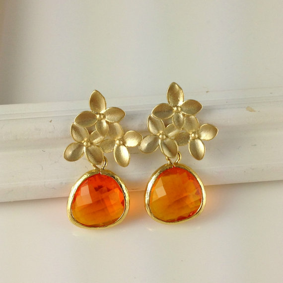 Orange Cherry Blossom Earrings, Carnelian Color, Gold Framed Earrings, Bridesmaid Gift, Christmas Gift, Mother In Law Gift, Auntie Gift