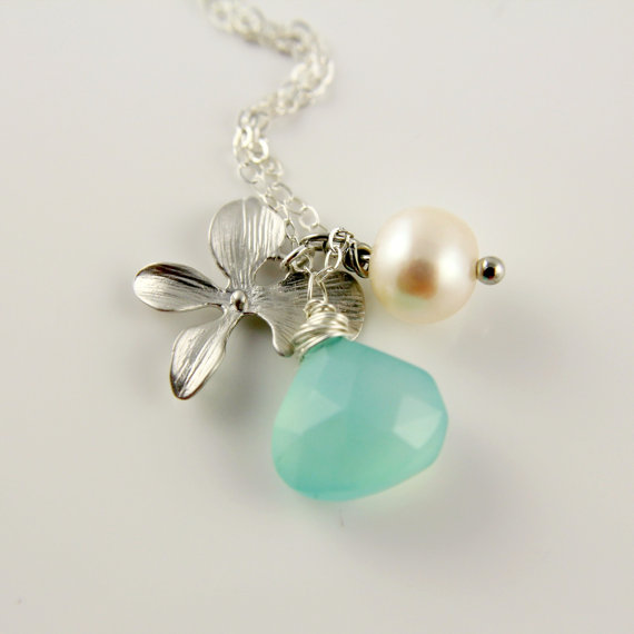 Aqua Blue Chalcedony White Freshwater Pearl Orchid Necklace, Sterling Silver , Wire Wrapped Briolette, Wedding , Bridal, Bridesmaids Gift