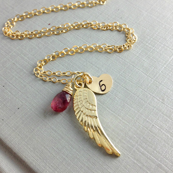 October Birthday Jewelry, Personalized Birthstone Gift, Tourmaline Necklace, Angel Wing Necklace, Monogram Necklace, Pink Gemstone, Daughter