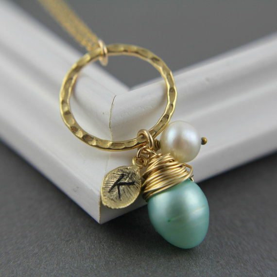 Eternity Necklace, Initial Birthstone Necklace, Friends Gift, Mothers Day Gift, June Birthstone Jewelry, Sisters Necklace, Green Pearl